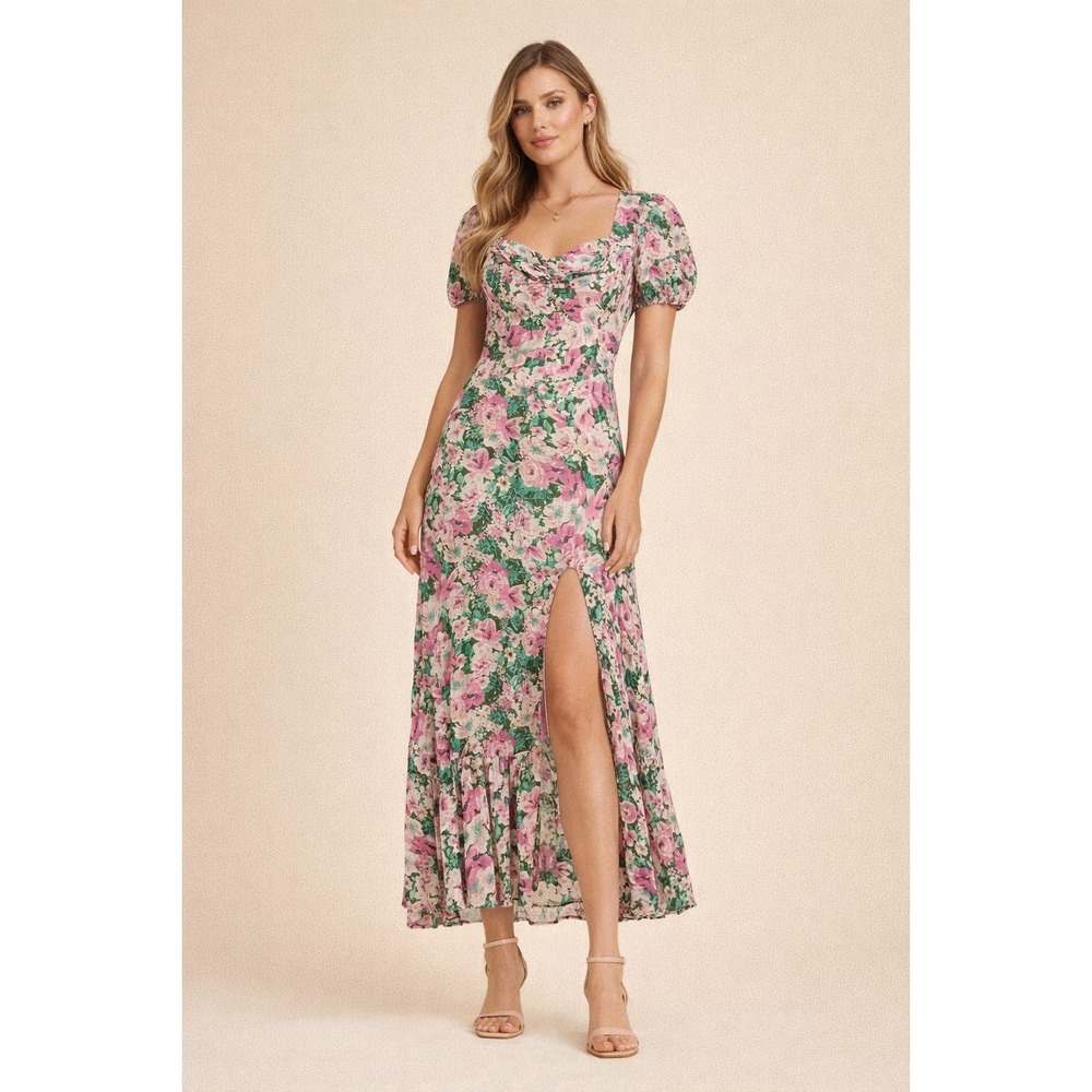 ASTR‎ Floral Midi Dress M Pink Green Puff Sleeve Front Slit Cottagecore Cutout